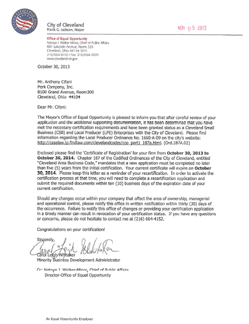 Perk Company, Inc. - City of Cleveland, SBE LPE Certification