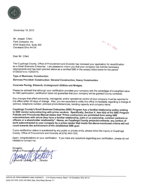 Perk Company, Inc. - Cuyahoga County SBE Certification